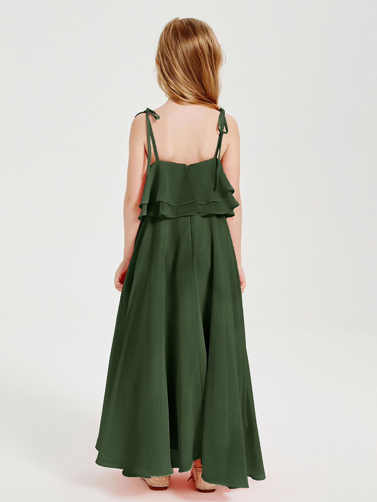 Chiffon Junior Bridesmaid Dresses Long Cascading Skirt Olive Green